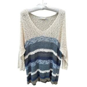 LAUREN VIDAL | Oversized Striped Knit Sweater Blue Cream Open Weave | Large